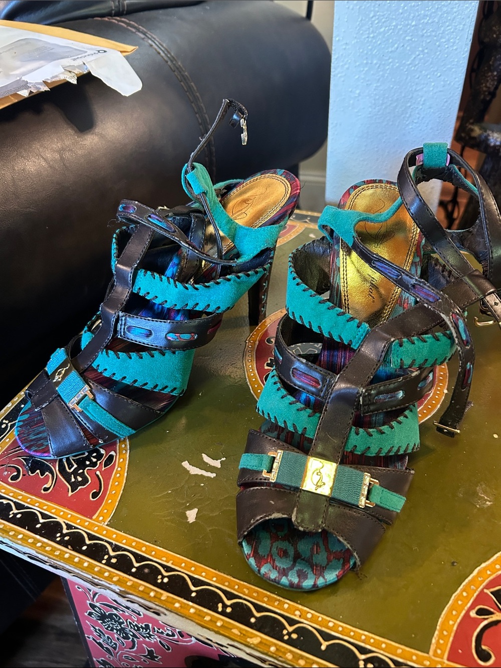 Baby Phat Teal and Black Strappy High Heel Sandals